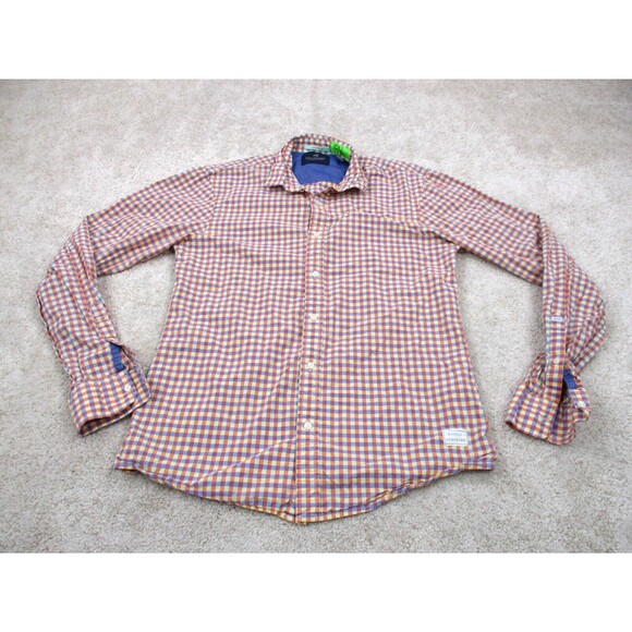 Scotch & Soda Shirt Men Medium Orange Blue Check Cotton Long Sleeve Button Up - Picture 1 of 12